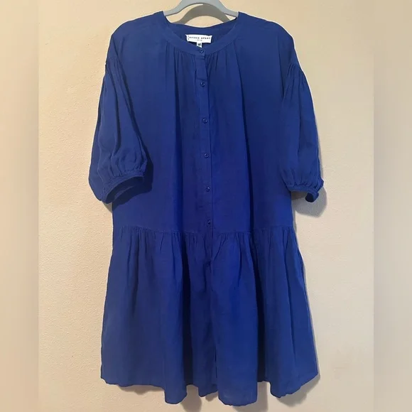 A Piece Apart Linen Cotton Tiered Moya Mini Dress in Cobalt Blue Size Medium